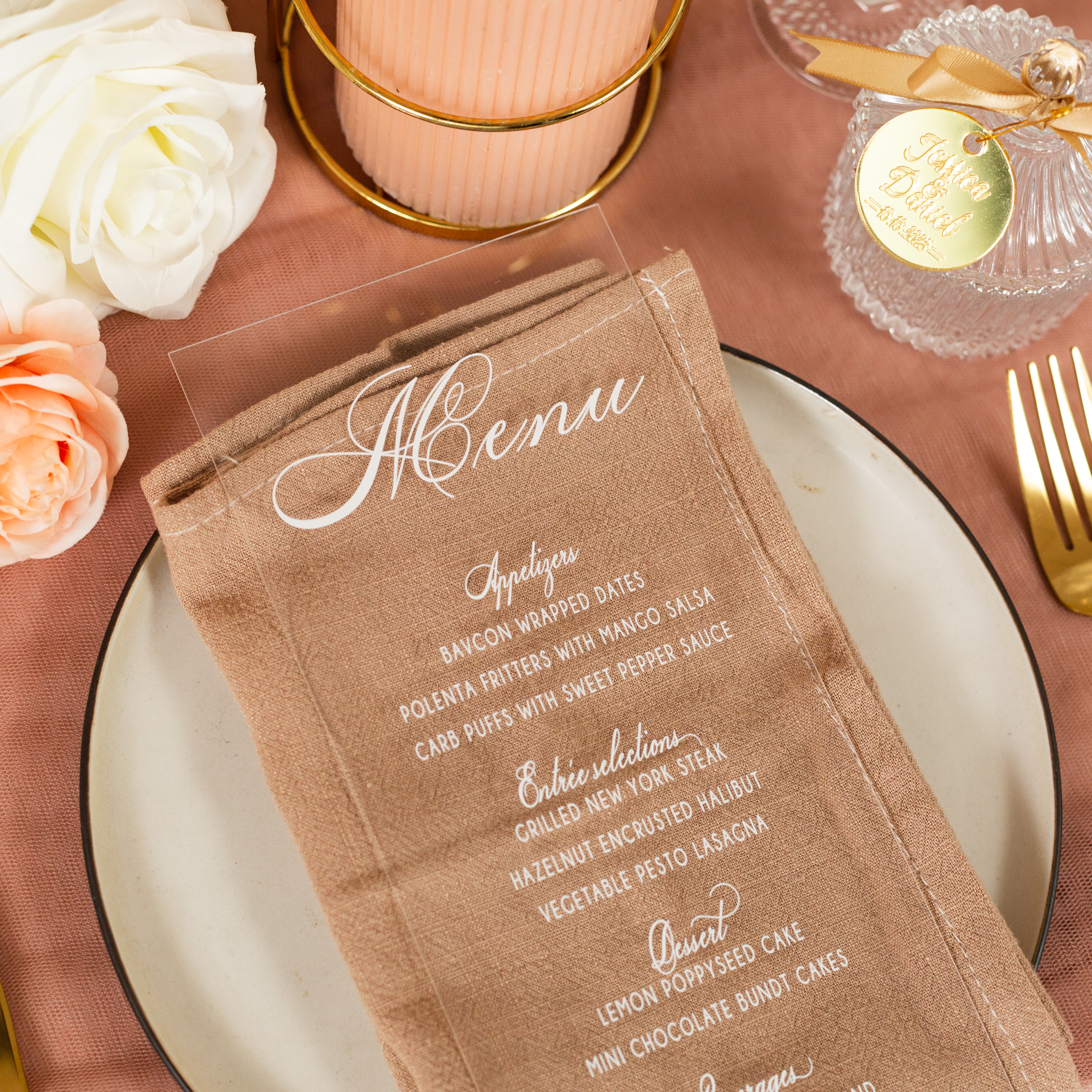 Carte de menu de mariage transparente de luxe avec encre blanche ACRC005 - Cliquez sur l'image pour la fermer