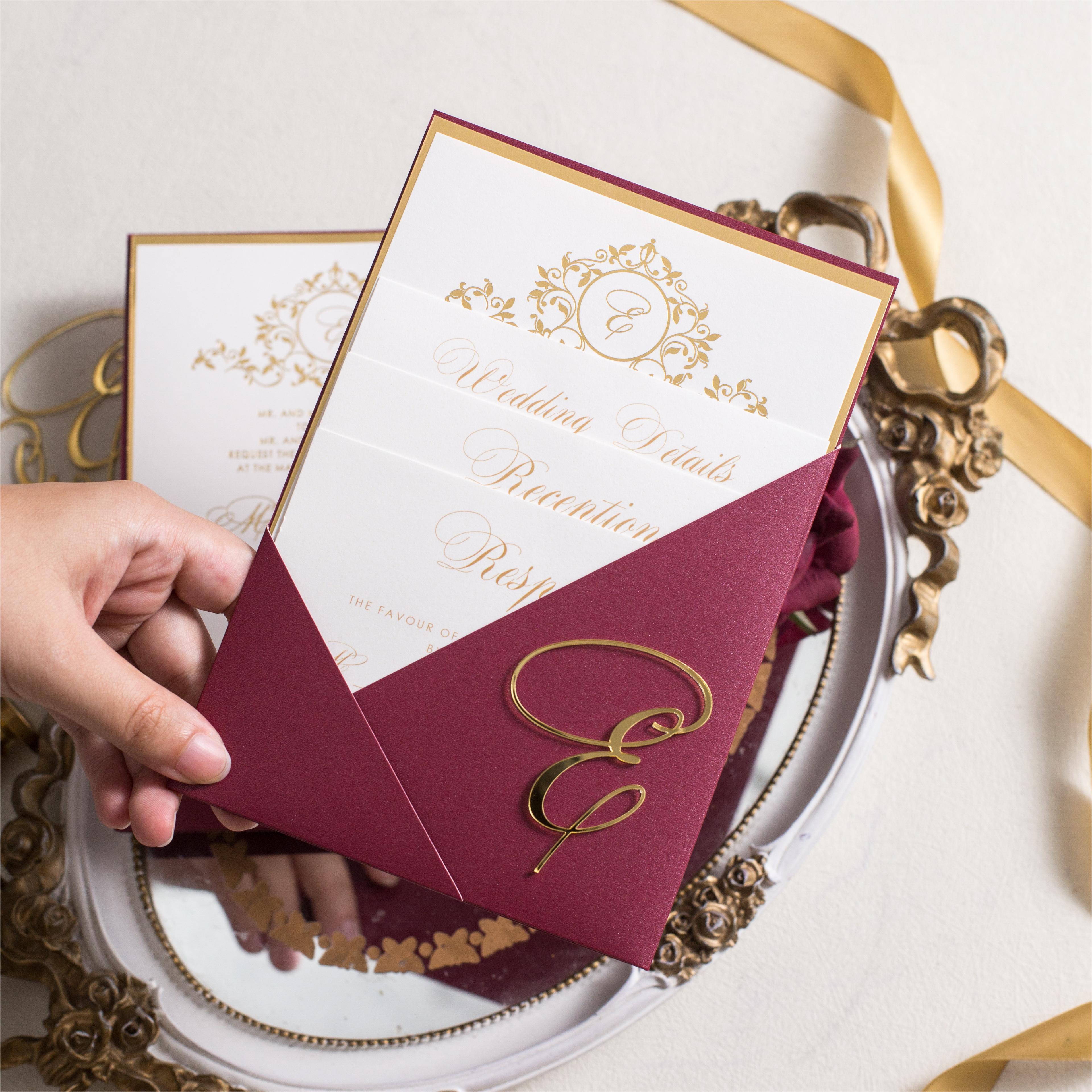 Carte d'invitation dorée et pochette élégante bourguignonne avec autocollants 3D en acrylique WSNT006 - Cliquez sur l'image pour la fermer