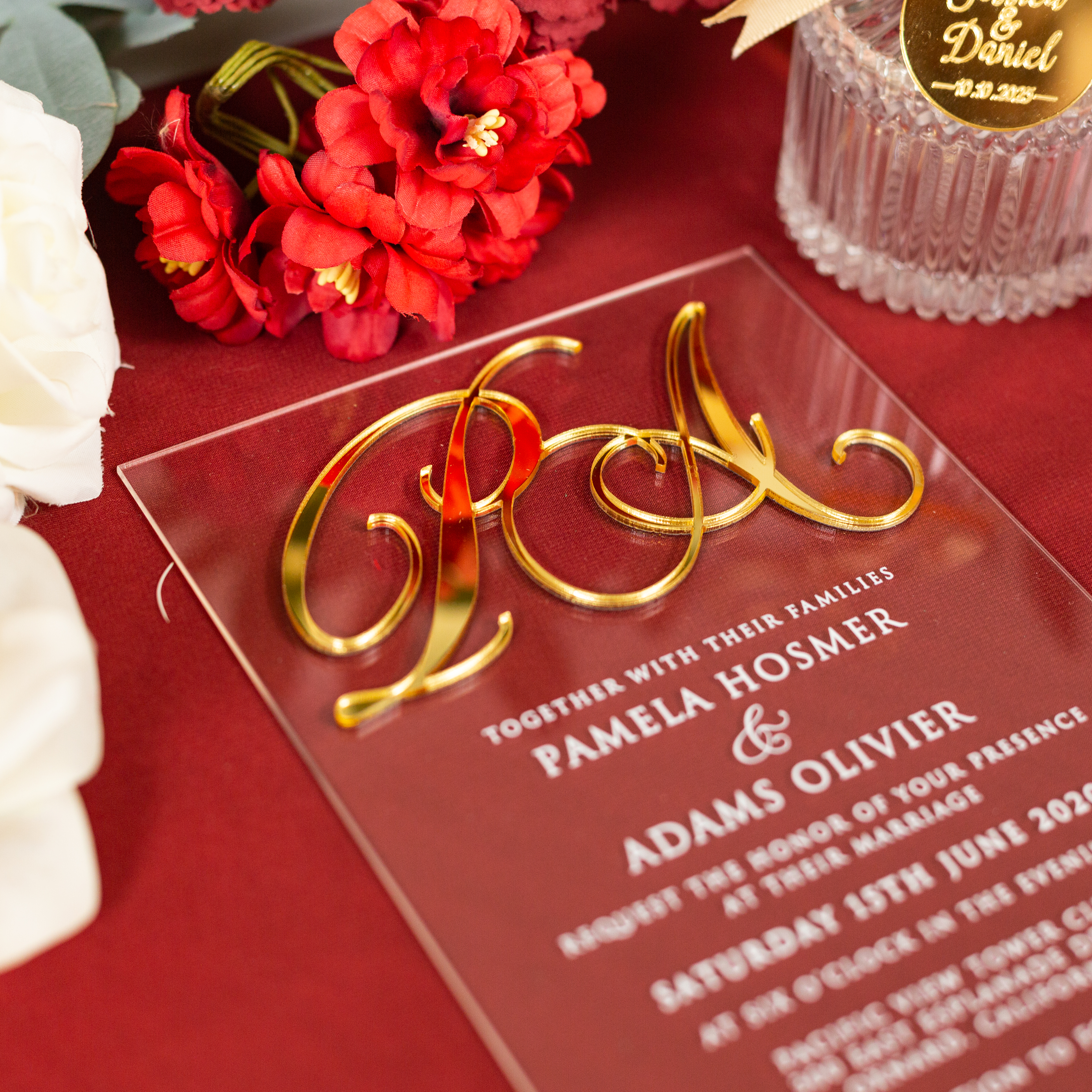 Faire-part de mariage en acrylique avec étiquette monogramme en acrylique doré WSNT019 - Cliquez sur l'image pour la fermer