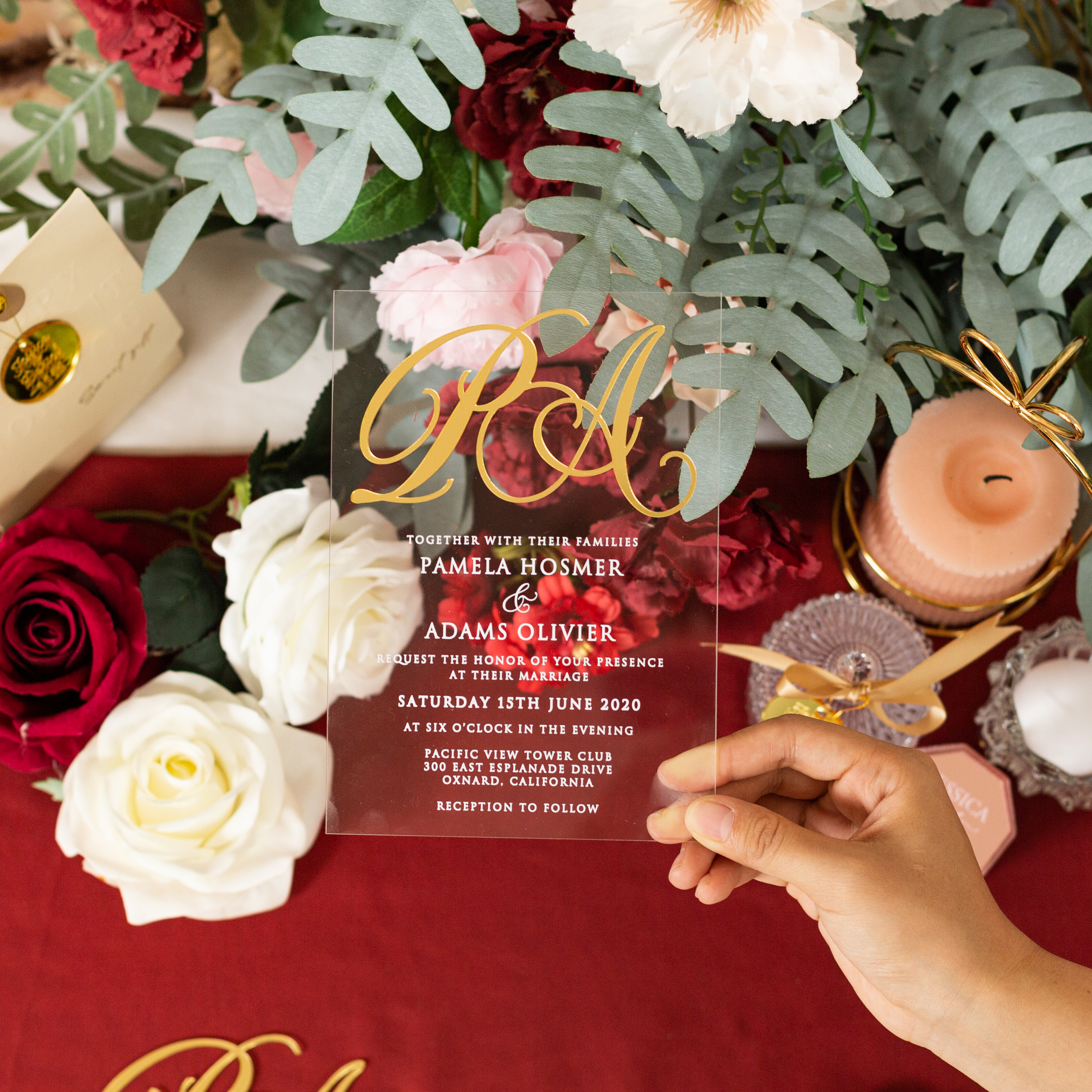 Faire-part de mariage en acrylique avec étiquette monogramme en acrylique doré WSNT019 - Cliquez sur l'image pour la fermer