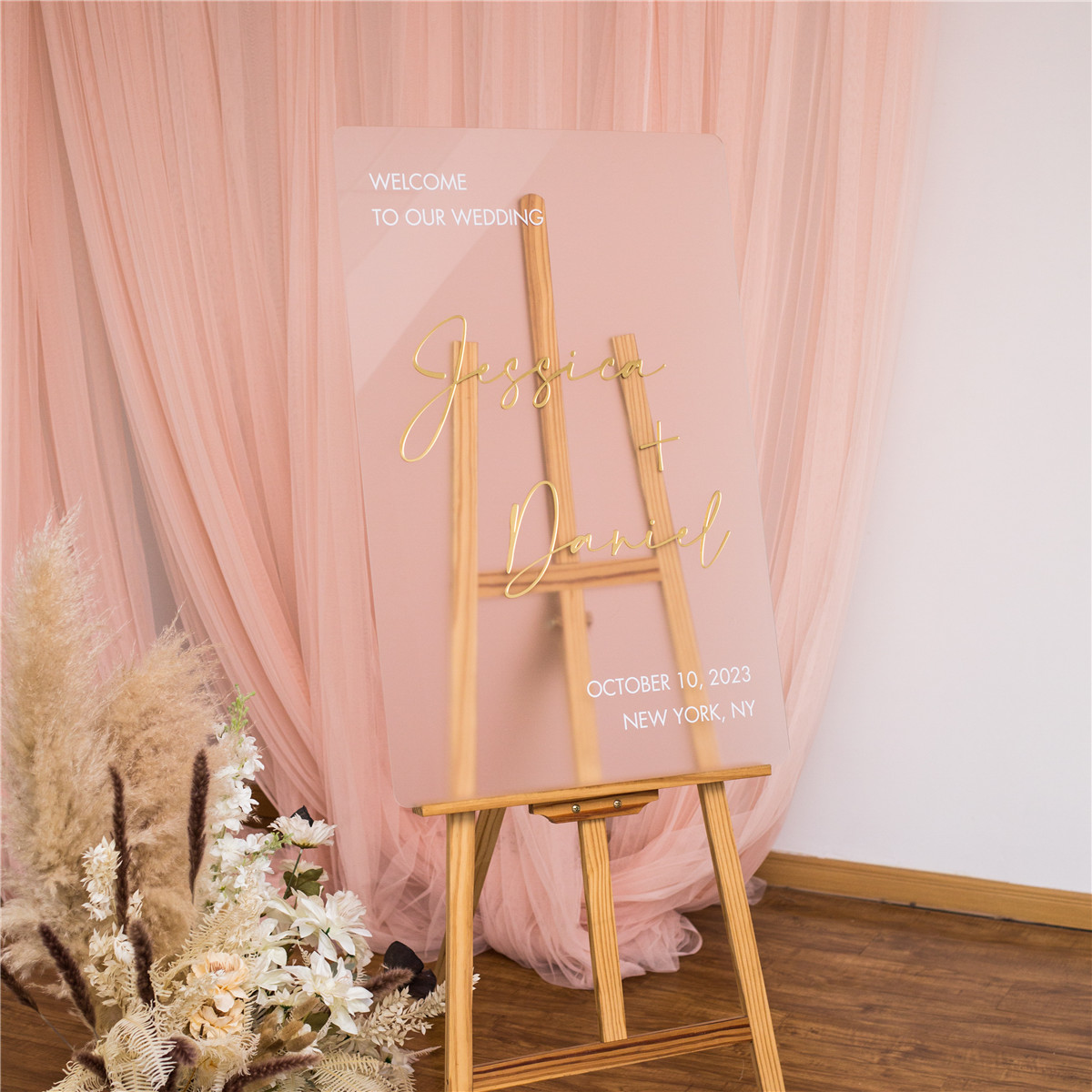 Panneau de mariage contemporain minimaliste en acrylique givré avec lettres dorées en 3D YK077 - Cliquez sur l'image pour la fermer