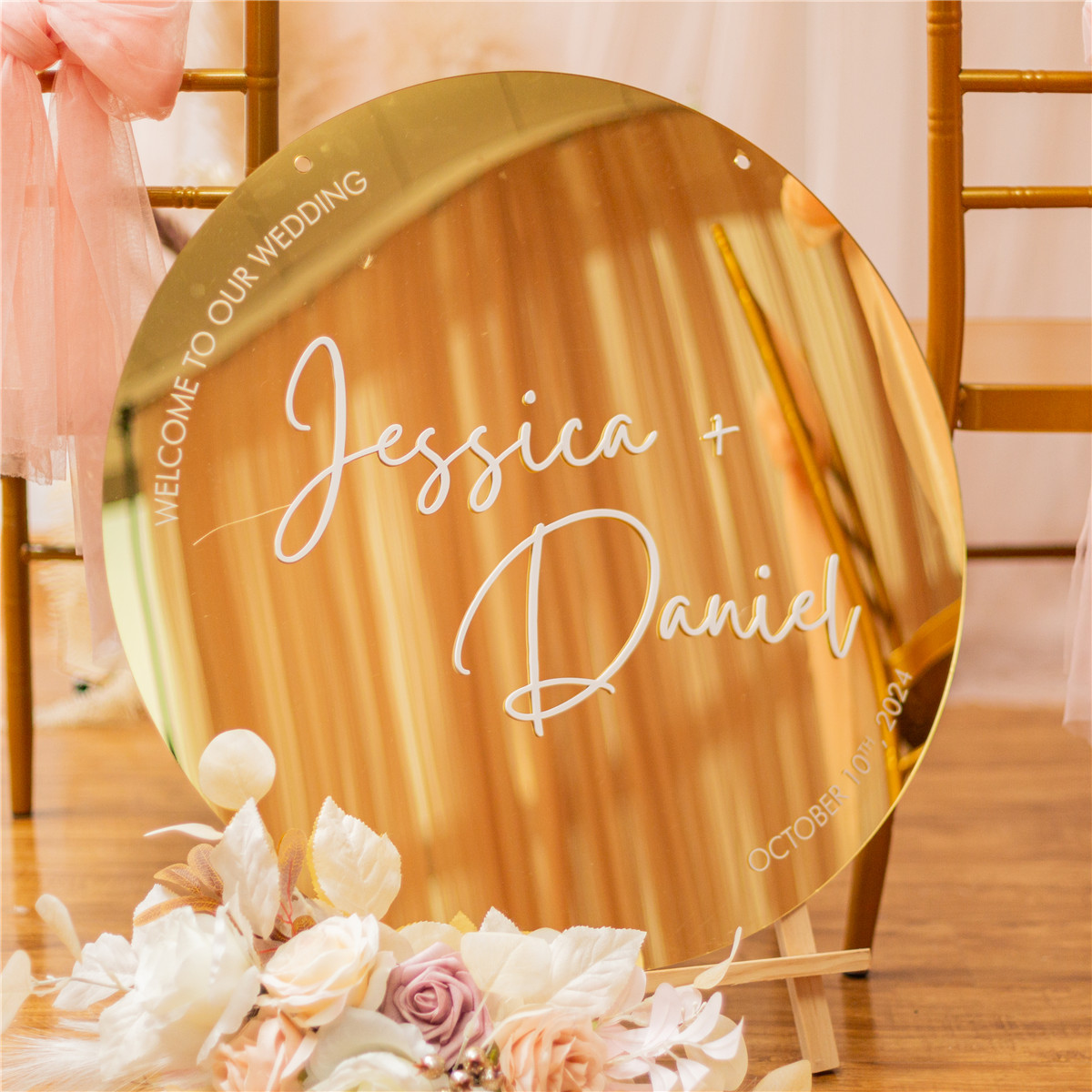 Panneau de bienvenue de mariage en acrylique, miroir rond exquis avec lettres 3D YK079 - Cliquez sur l'image pour la fermer