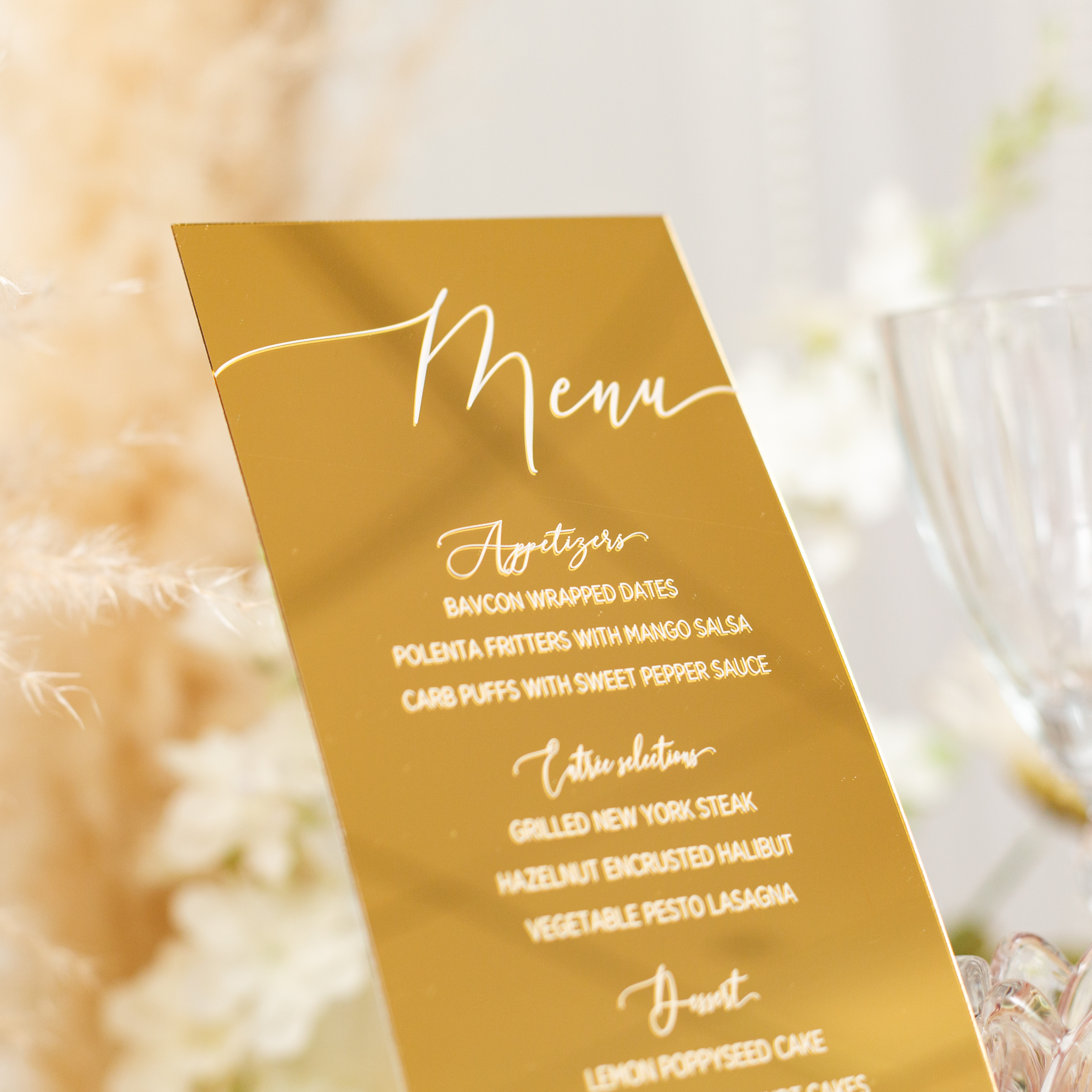 Carte de menu en acrylique miroir doré avec impression UV ACRC001