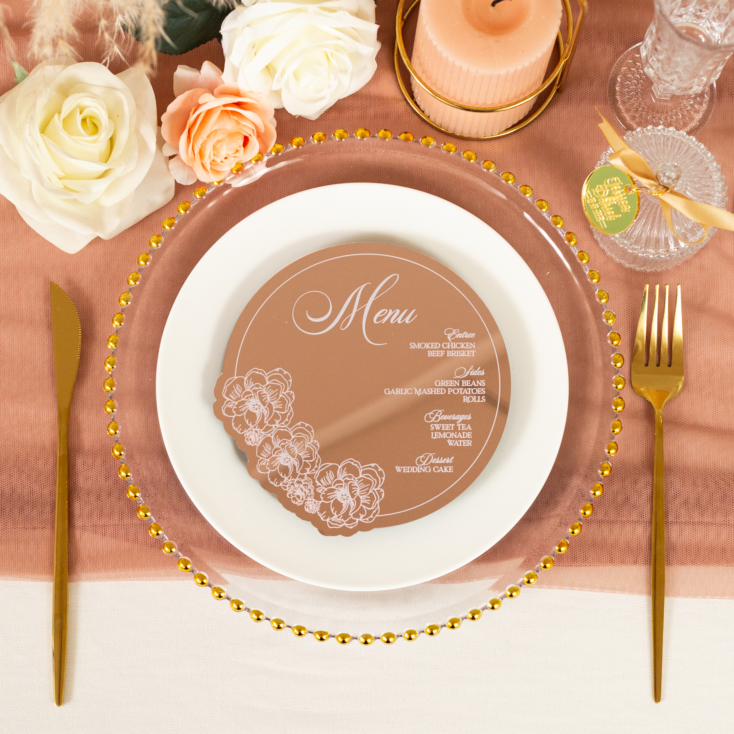 Carte de menu élégante et ronde en acrylique miroir rose gold ACRC003