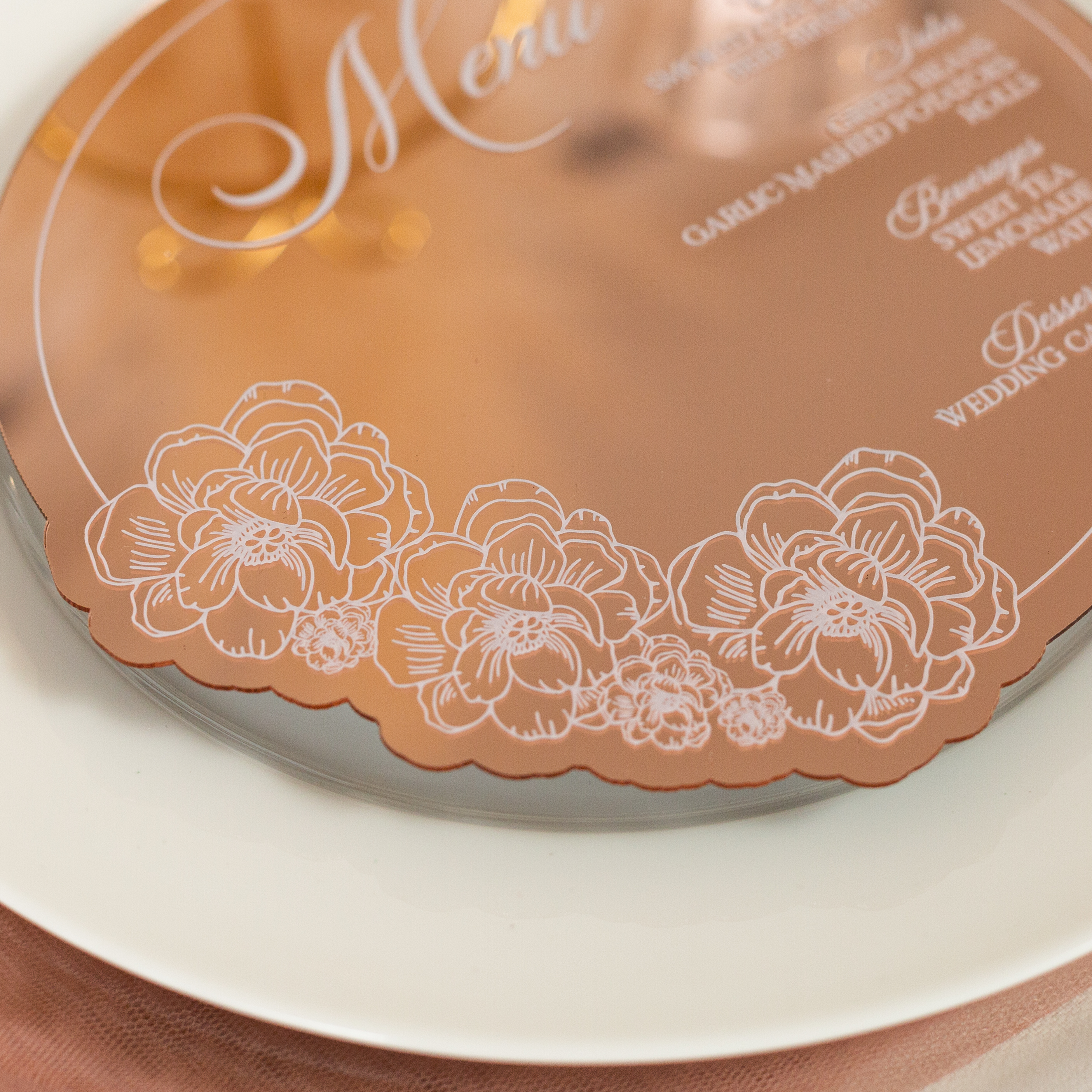 Carte de menu élégante et ronde en acrylique miroir rose gold ACRC003