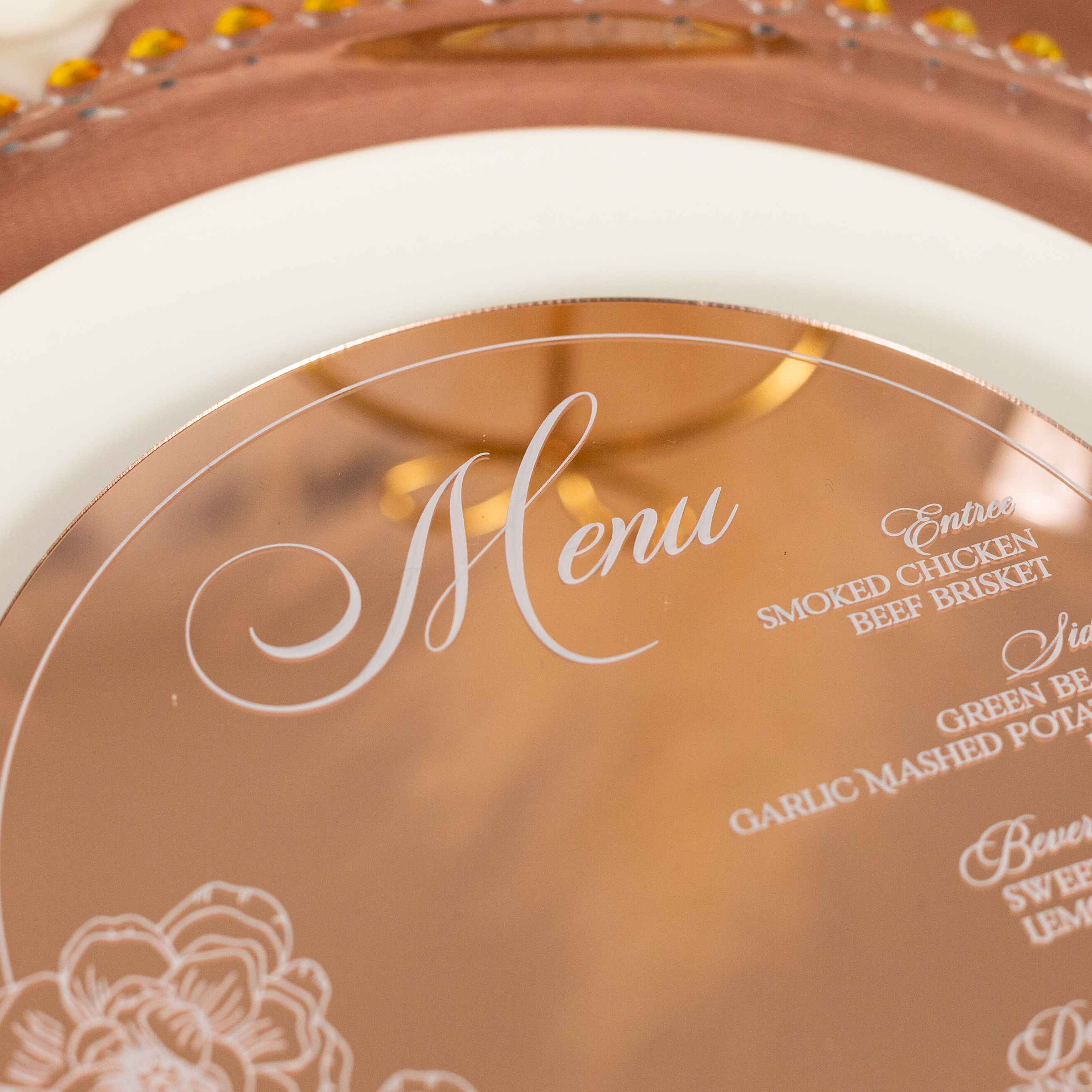 Carte de menu élégante et ronde en acrylique miroir rose gold ACRC003 - Cliquez sur l'image pour la fermer