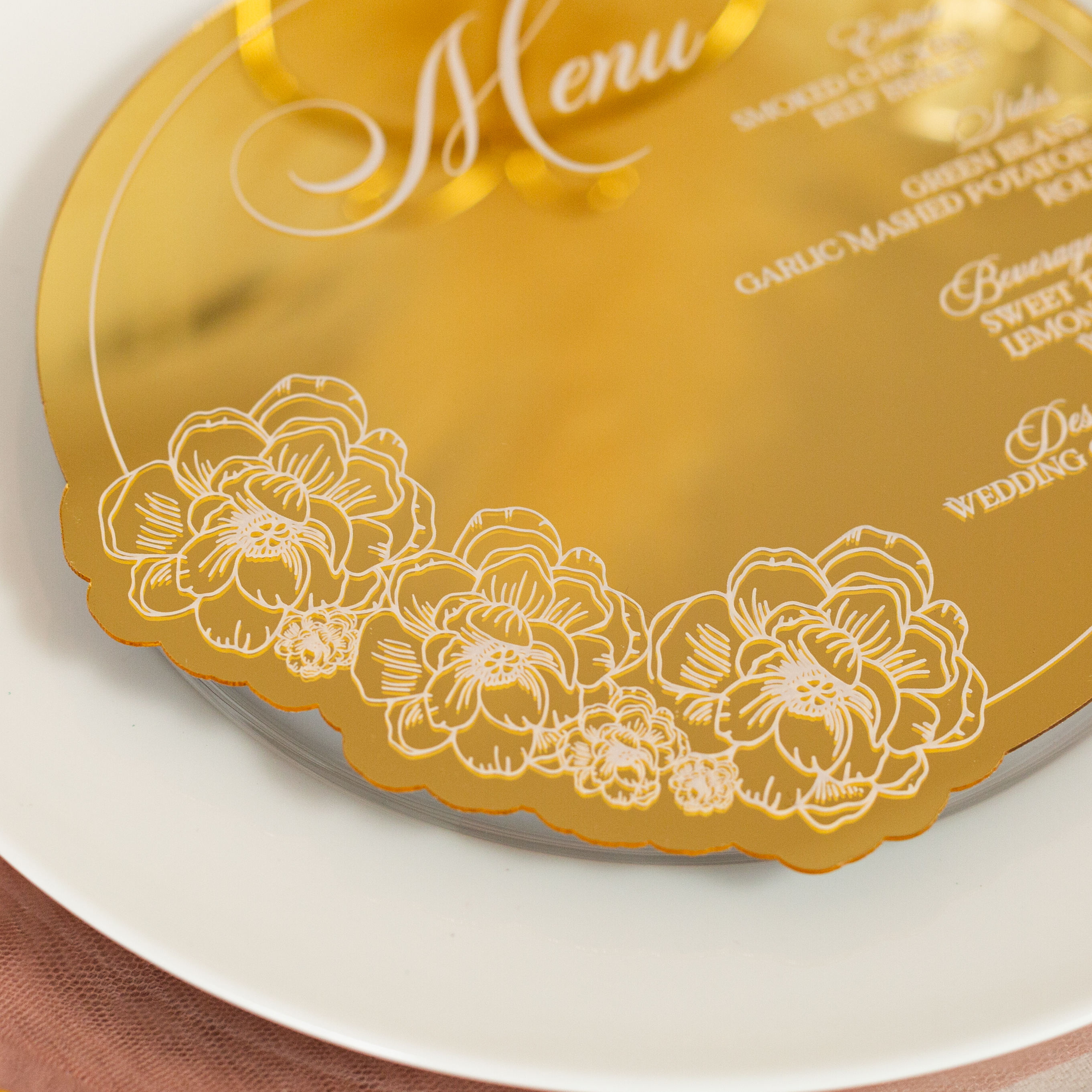 Carte de menu élégante et ronde en acrylique miroir rose gold ACRC003