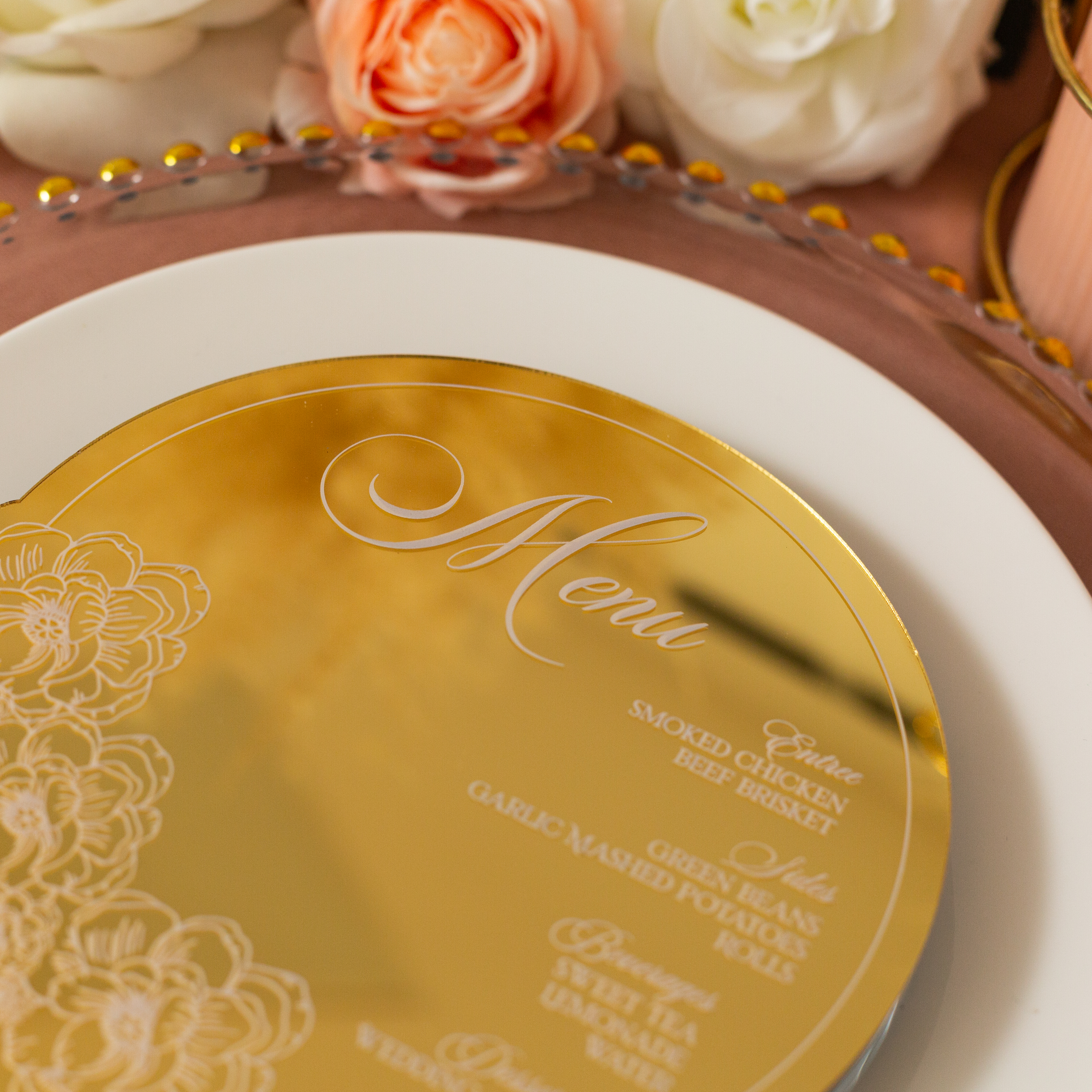 Carte de menu élégante et ronde en acrylique miroir rose gold ACRC003