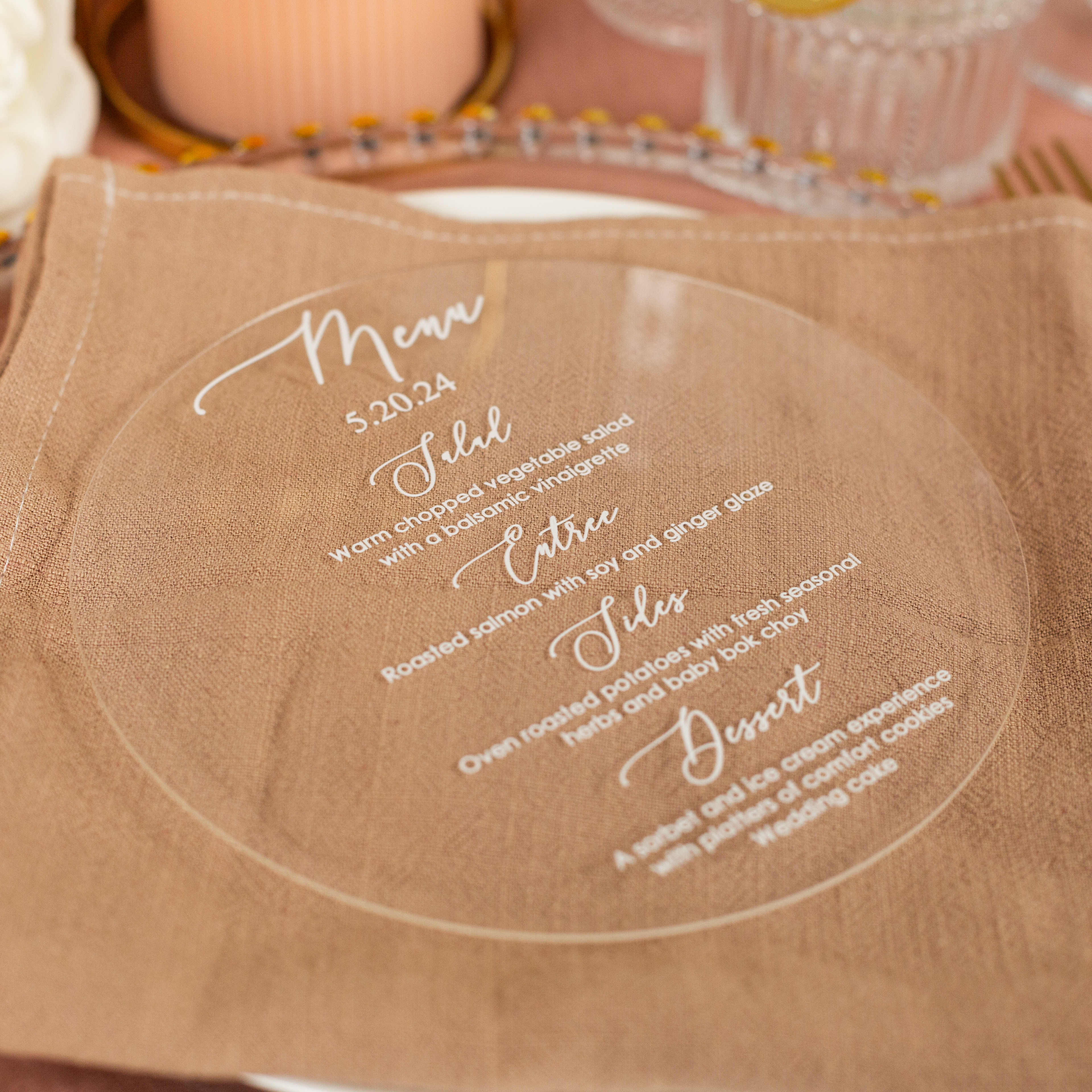 Carte de menu de mariage en acrylique transparent de forme rond ACRC004