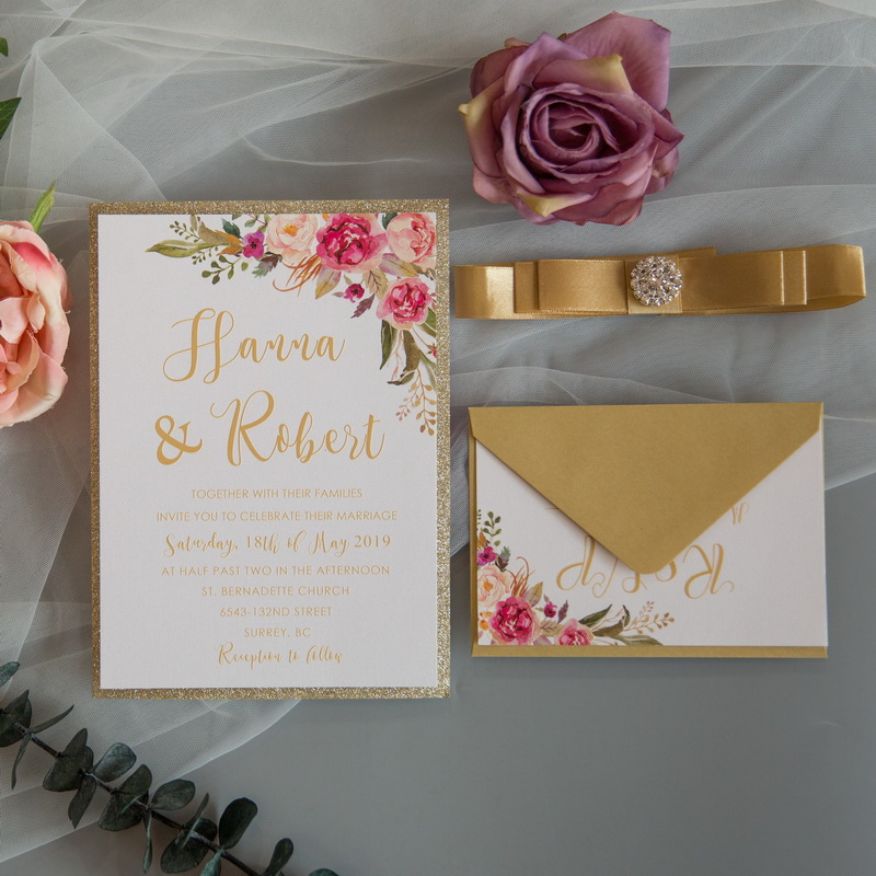 Carte UV floral rose et d'or CUPT13