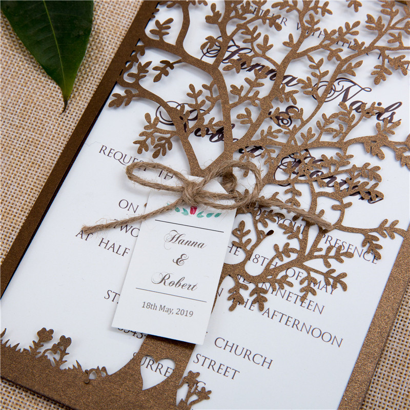 Faire Part de Mariage Brun Découpé au Laser motif Arbre WPL0033