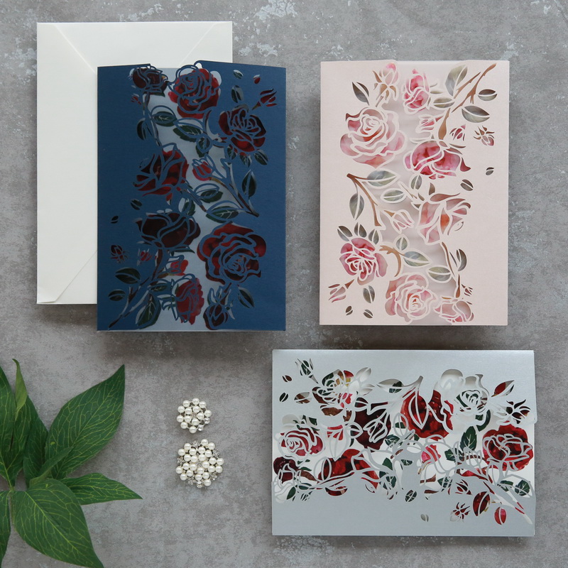 Faire Part de Mariage Ciselé Thème Rose Modèle Pochette WPL0190