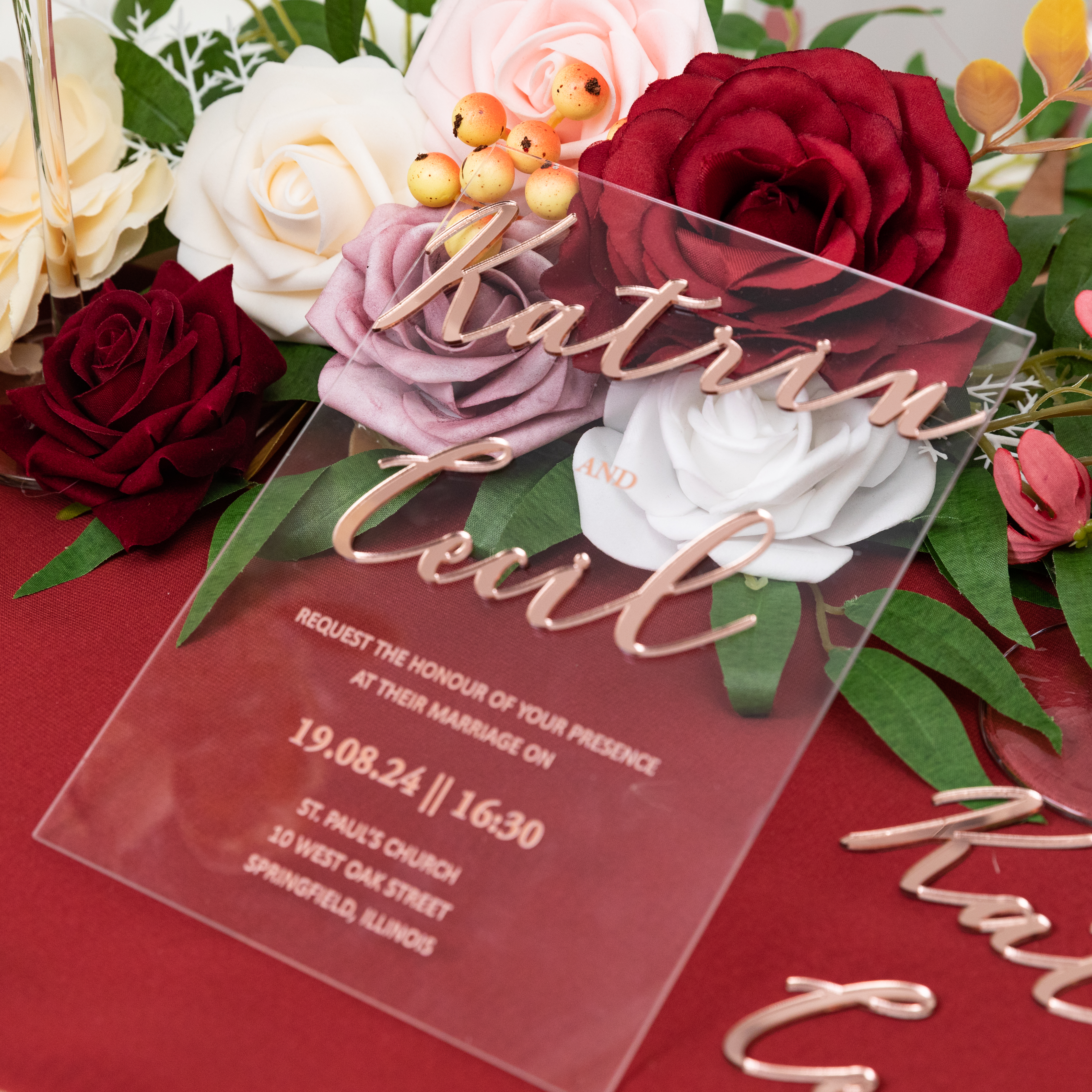 Faire-part de mariage en acrylique de luxe avec badge 3D en acrylique or rose WSNT020