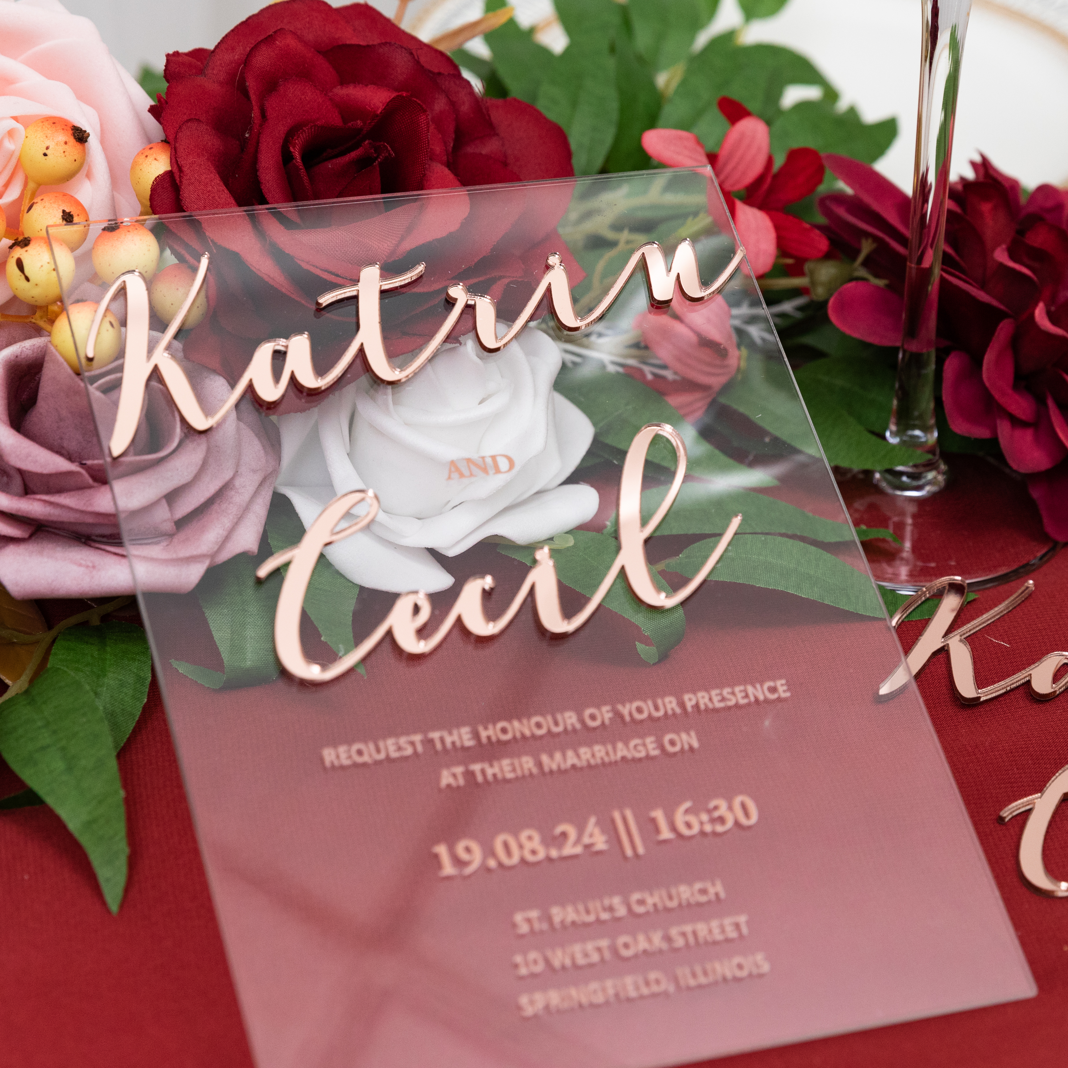 Faire-part de mariage en acrylique de luxe avec badge 3D en acrylique or rose WSNT020