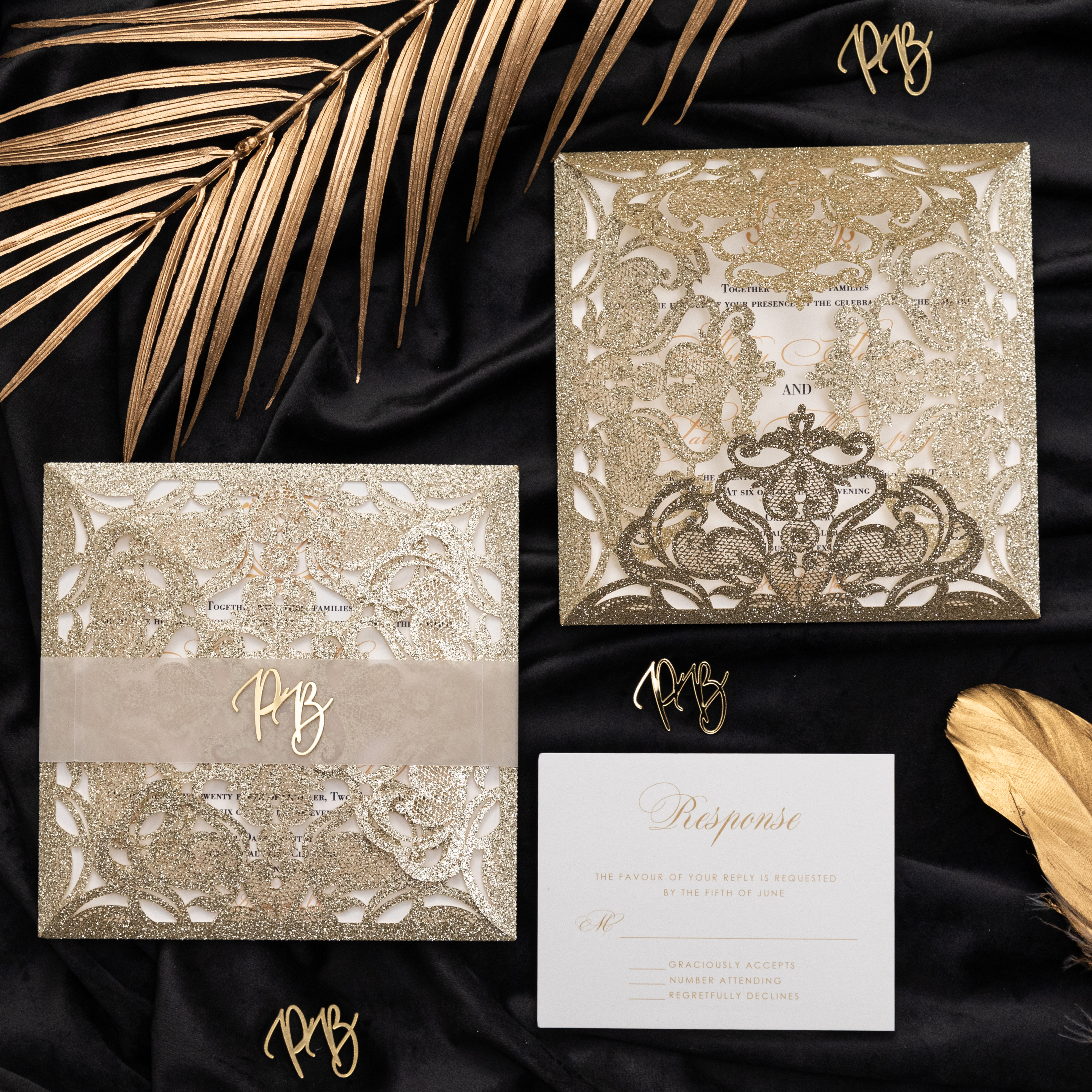 Pochette découpée au laser en or pailleté opulent avec étiquette nominative présonalisée WSNT041 - Cliquez sur l'image pour la fermer