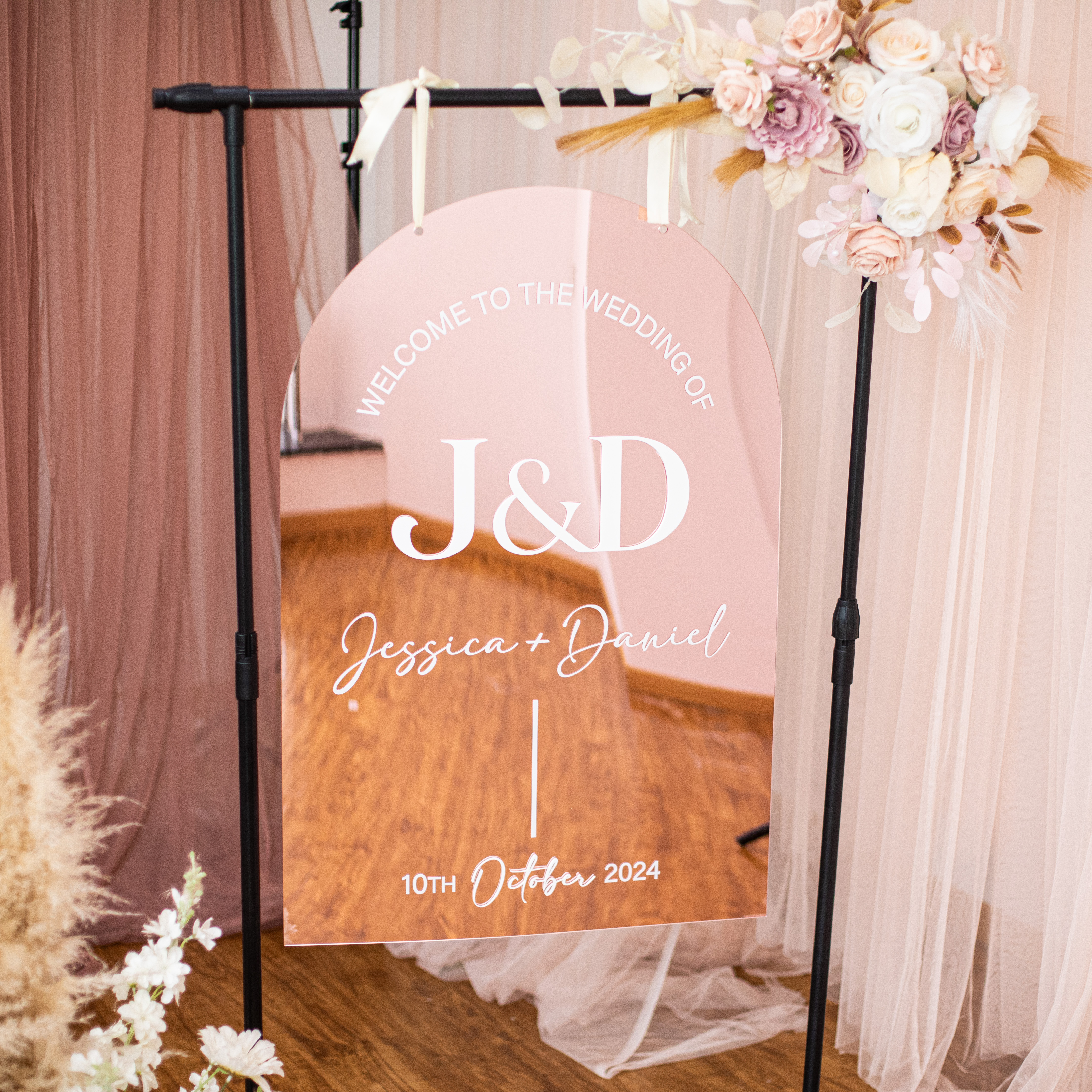 Panneau de bienvenue de mariage élégant en miroir or rose avec lettres en 3D YK081