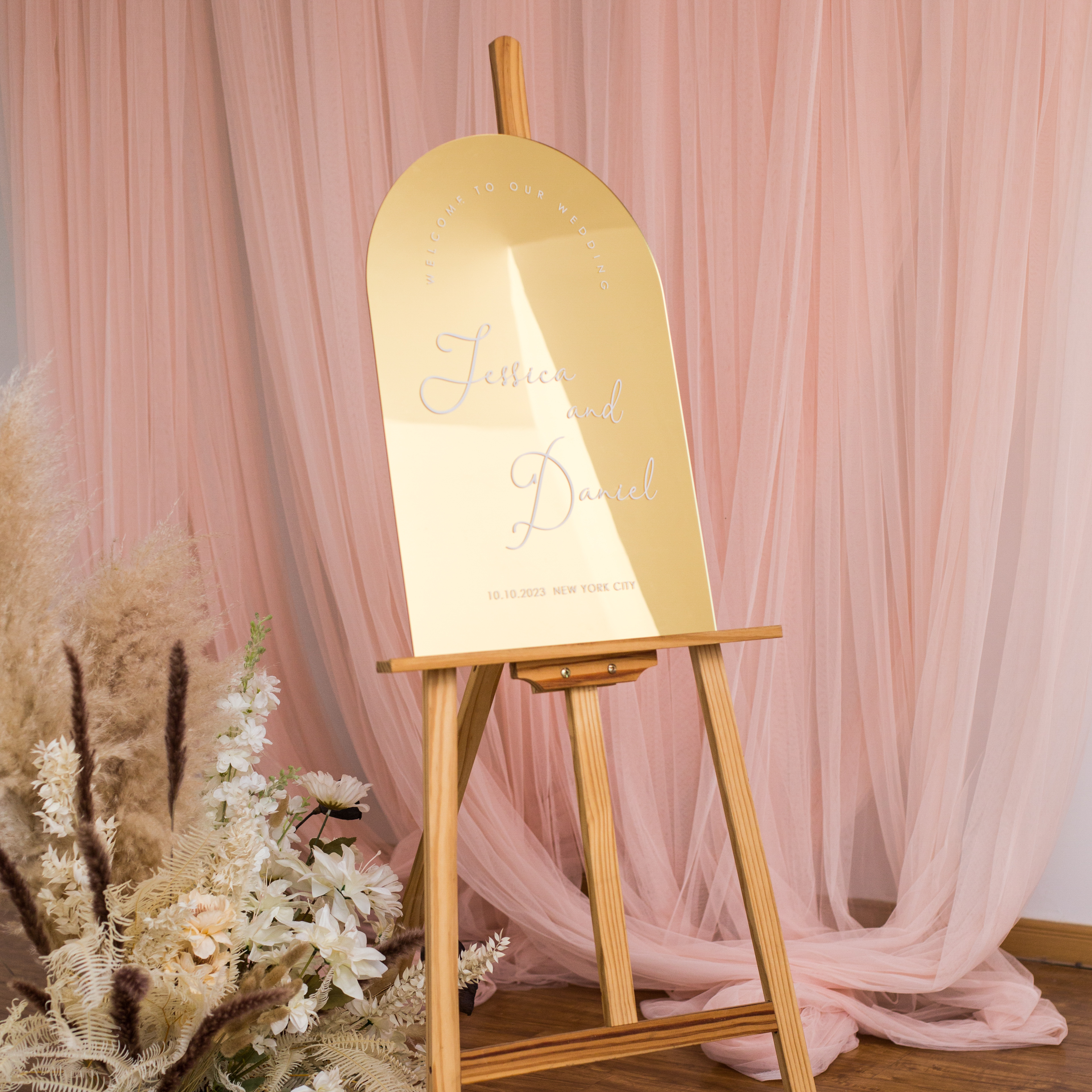 Panneau de mariage moderne de luxe en acrylique avec miroir doré YK089